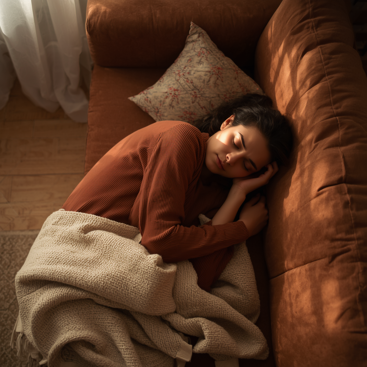 Person resting on a couch, feeling exhausted and withdrawn