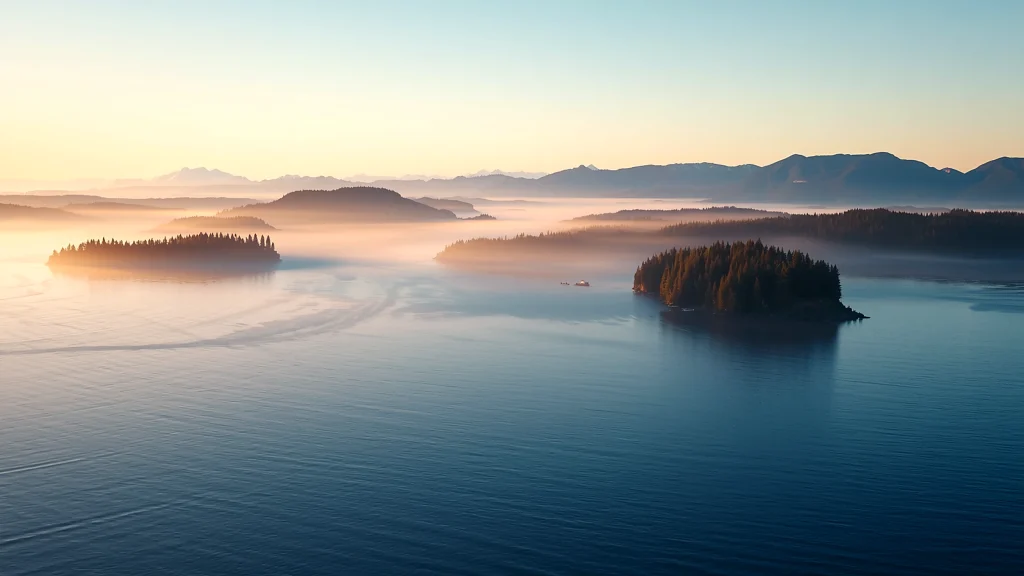 Misty forested islands in a calm bay at sunrise