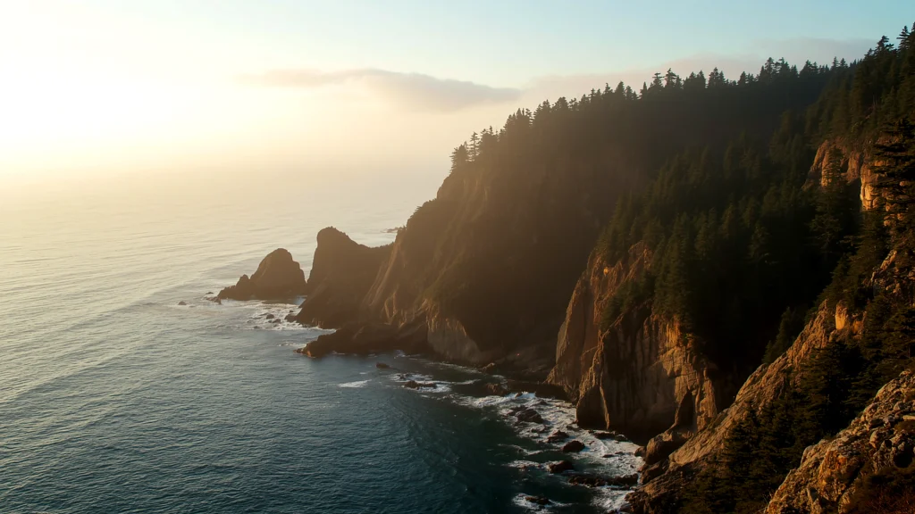 Rugged Oregon coastline cliffs with forest and ocean at golden hour
