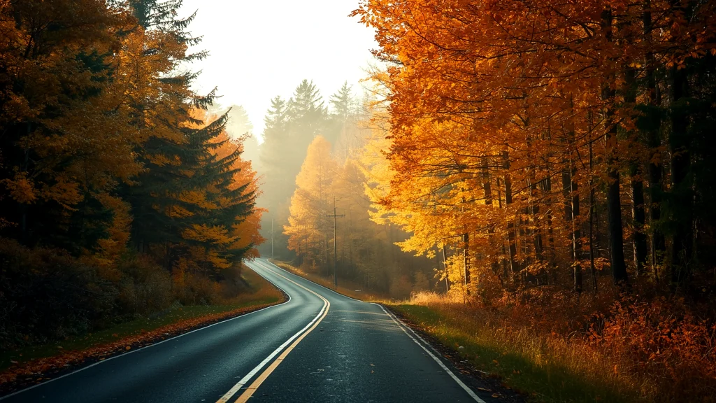 Winding road through vibrant autumn forest