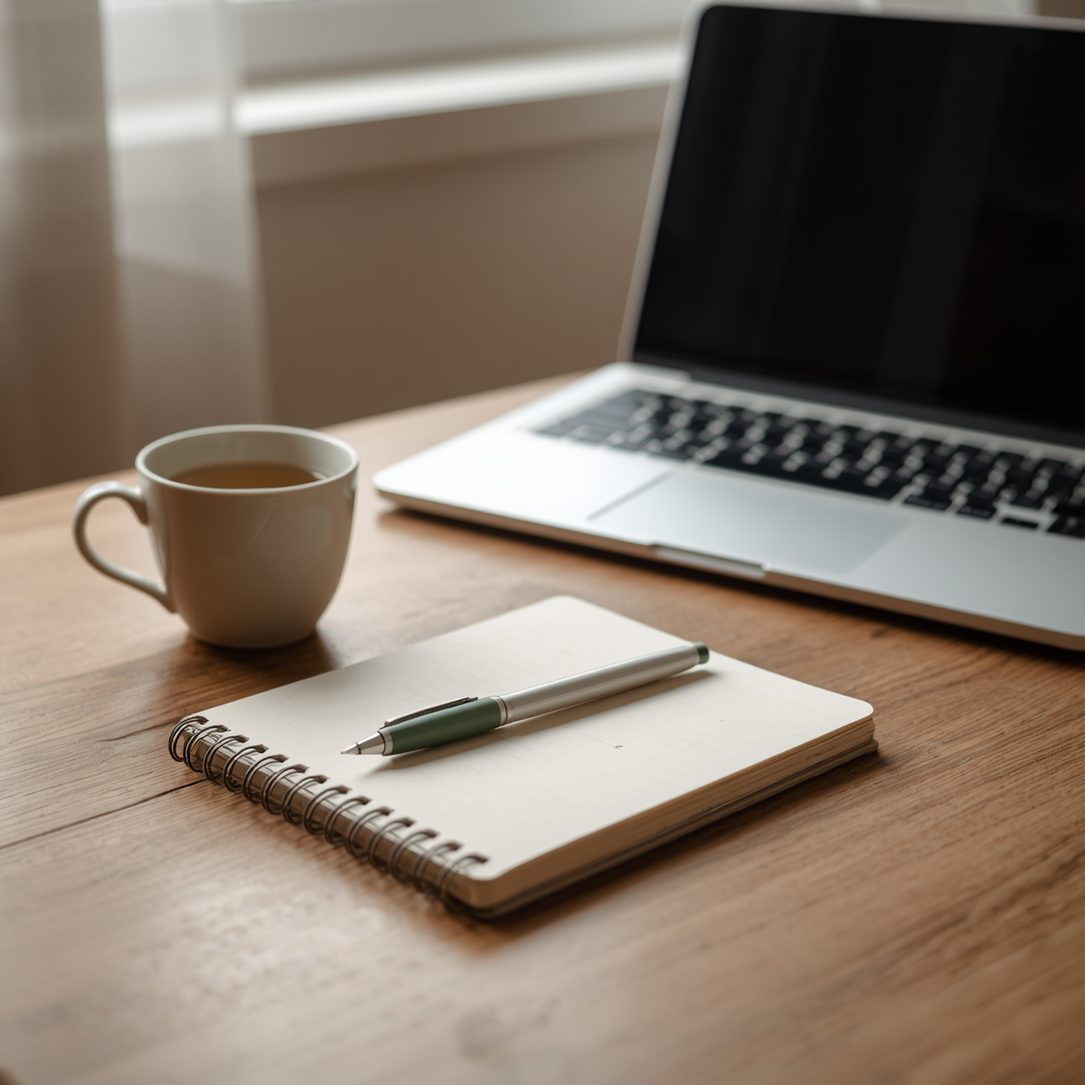 Open laptop, coffee, and notebook on a desk, ready for a telehealth appointment